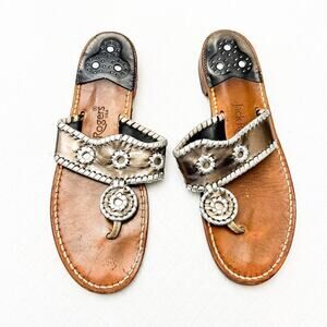 Jack Rogers Thong Sandal Leather Bronze Metallic Silver/Gold Trimmed Size 10 EUC